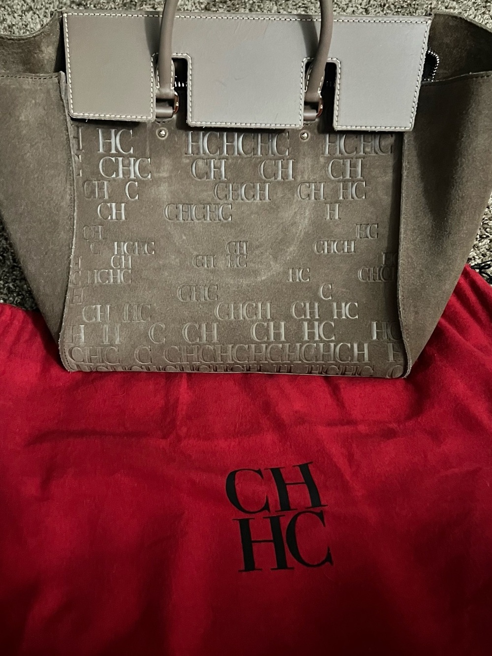 Carolina Herrera Taupe Suede CH Logo Tote with Leather Trim